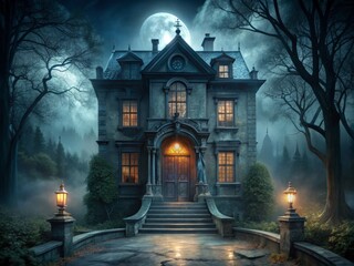 Fototapeta premium Dark and foreboding haunted mansion with creepy door and window mood/style, using dark shadows and mist technical, and with a spooky and ominous concept.