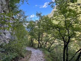 Fototapeta premium Hiking trails and markings in the canyon of the Koritnica river, Bovec (Triglav National Park, Slovenia) - Wanderwege und Markierungen in der Schlucht des Flusses Koritnica (Triglav-Nationalpark)