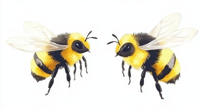 Hand-painted watercolor bumblebees flying on white background.