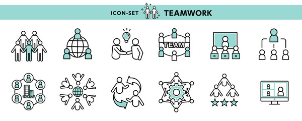 仕事や学校で…チームワーク、ネットワークなどのアイコン・ピクトのデザイン素材セット