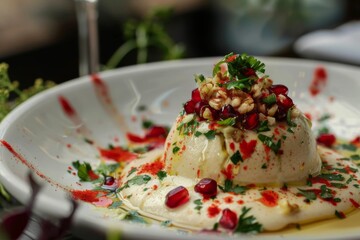 Chiles en Nogada: Chiles en nogada served with pomegranate seeds and walnut sauce