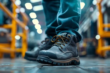 Close up of safety working shoe on worker feet standing in factory