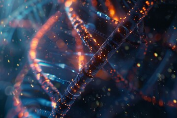 Close up shot of DNA double helix model rendered with a futuristic digital interface overlay