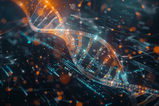 Close up shot of DNA double helix model rendered with a futuristic digital interface overlay