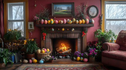 A cozy living room decorated for Easter with colorful eggs and vibrant flowers.