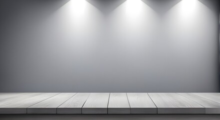 Empty Wooden table with shadow grey wall. Generative ai