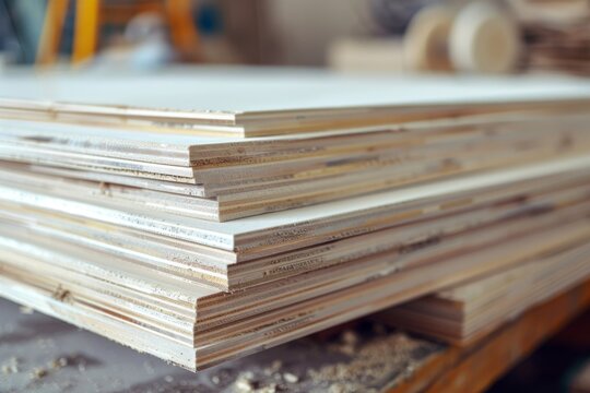 High angle shot shows a stack of white plywood boards neatly arranged on a workshop table with sawdust