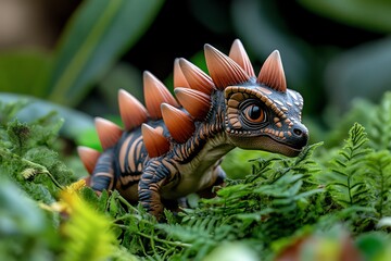 A baby Stegosaurus exploring its surroundings, under the watchful eye of its mother, nibbling on ferns and shrubs