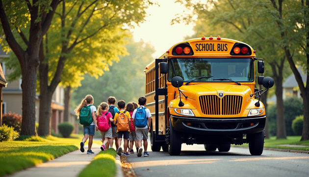 Young elementary students boarding a yellow school bus on a tree-lined suburban road.






