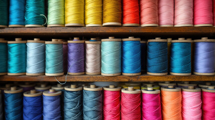 Shelves filled with colorful spools of thread in various shades, neatly arranged, showcasing the beauty of textiles and craftsmanship in vivid colors.