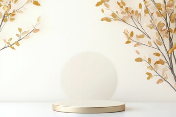 Chic Gold Leaf Podium front view focus with Colorful autumn leaves background product displays