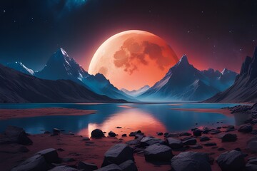 Full moon over mountains and a lake at midnight
