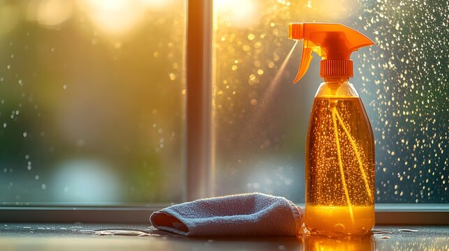 A spray bottle of detergent and napkin cleaning a window in a sunlit room, photo-realistic with a soft bokeh background, emphasizing cleanliness and clarity, warm tones, minimalism