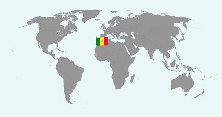 Pin map with Senegal flag on world map. Vector illustration.
