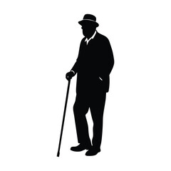 Elderly Man Using Cane Silhouette, Vector Illustration, Senior, Walking Aid