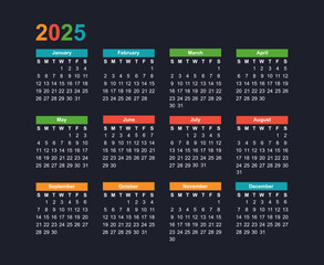 multicolored calendar for 2025 year of the snake