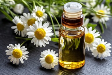 A bottle of chamomile essential oil, surrounded by fresh chamomile flowers, ready to be used for relaxation and aromatherapy