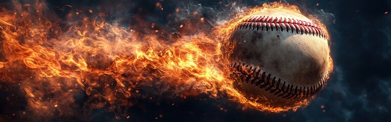 Baseball on fire flying with intense energy