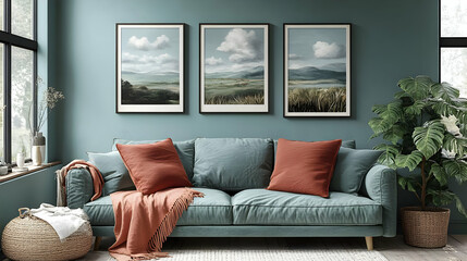 A cozy living room featuring a teal sofa, decorative pillows, and landscape artwork.