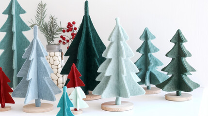 Felt green and red Christmas trees, knitted, with presents underneath them. Scandinavian design. Card on a white background.