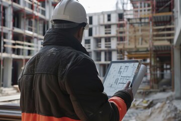 A foreman is using a tablet to coordinate tasks with the construction crew