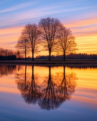 Obraz premium Serene sunset reflection with trees around calm water, showcasing vibrant colors and natural beauty in a tranquil landscape