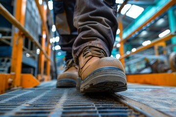 Close up of safety working shoe on worker feet standing in factory