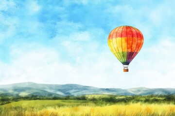 Naklejka premium Watercolor Hot Air Balloon Over Fields