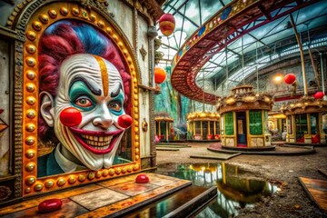 Obraz premium Eerie abandoned carnival creepy clown funhouse mirrors freaky attractions creepy atmosphere old rides concept