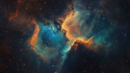 Obraz premium A vibrant nebula with swirling clouds of gas and dust, illuminated by bright stars.