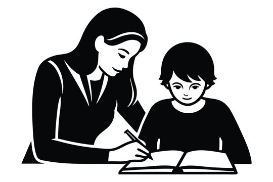 recommend clip art: Mother helping child with homework, silhouette vector illustration, family education concept, clipart