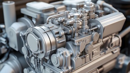 32. **Close-up 3D model of a compact diesel generator engine with detailed alternator and cooling system