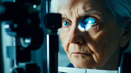 A senior woman getting her cataracts checked by an eye specialist, preparing for potential surgery