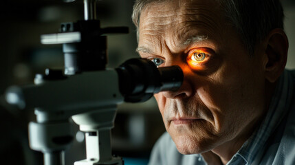 A senior woman getting her eyes examined with a slit lamp microscope by an ophthalmologist