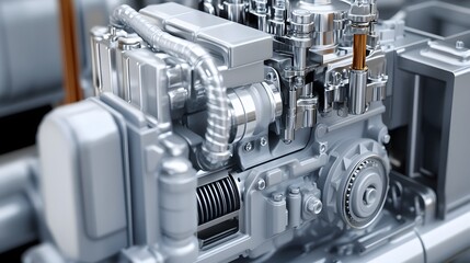 32. **Close-up 3D model of a compact diesel generator engine with detailed alternator and cooling system