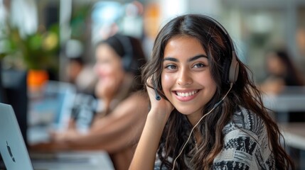 Fototapeta premium Happy young businesswoman wearing headphones call concept in office looking towards camera