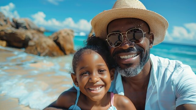 Happy african family father with daughter inside the beach sunny day enjoyment weekend - Powered by Adobe
