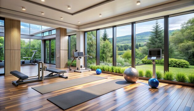 Modern home gym with large windows showcasing beautiful natural scenery Filled with workout equipment to provide a comprehensive fitness experience for those looking to exercise.