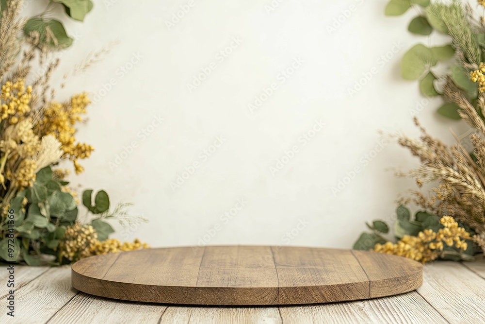 Poster Rustic Wooden Podium, front view focus, with Harvest Moon Festival Background, product displays