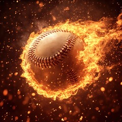 Baseball on fire flying with intense energy