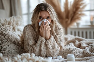 Young said displeased upset woman wear hold napkin blowing nose isolated on plain background studio portrait. ill sick disease treatment cold season concept. The girl sneezes into a handkerchief
