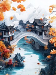Surreal Autumn Landscape with Antique Chinese Bridge and Pagoda Architecture