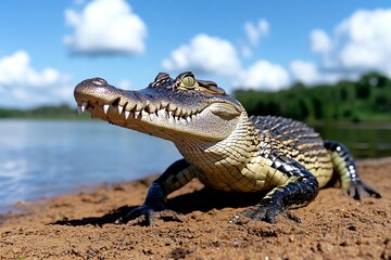 Obraz premium A crocodile sunning itself on a riverbank, lying perfectly still as it waits for the perfect moment to strike at unsuspecting prey