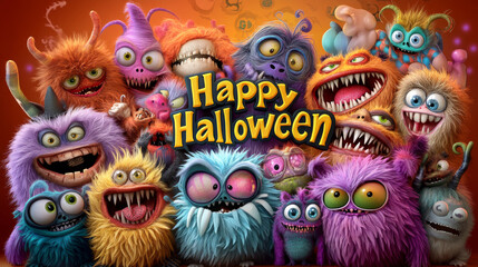 Fototapeta premium Colorful Monsters Celebrate Halloween With a Cheerful Display of Joy and Fun