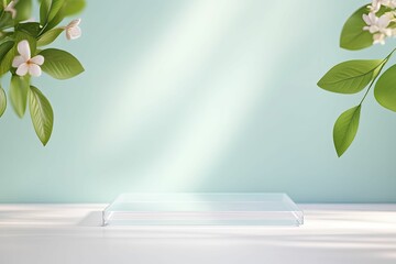 Sleek Transparent Acrylic Podium, front view focus, with Bright Summer Festival Background, product displays