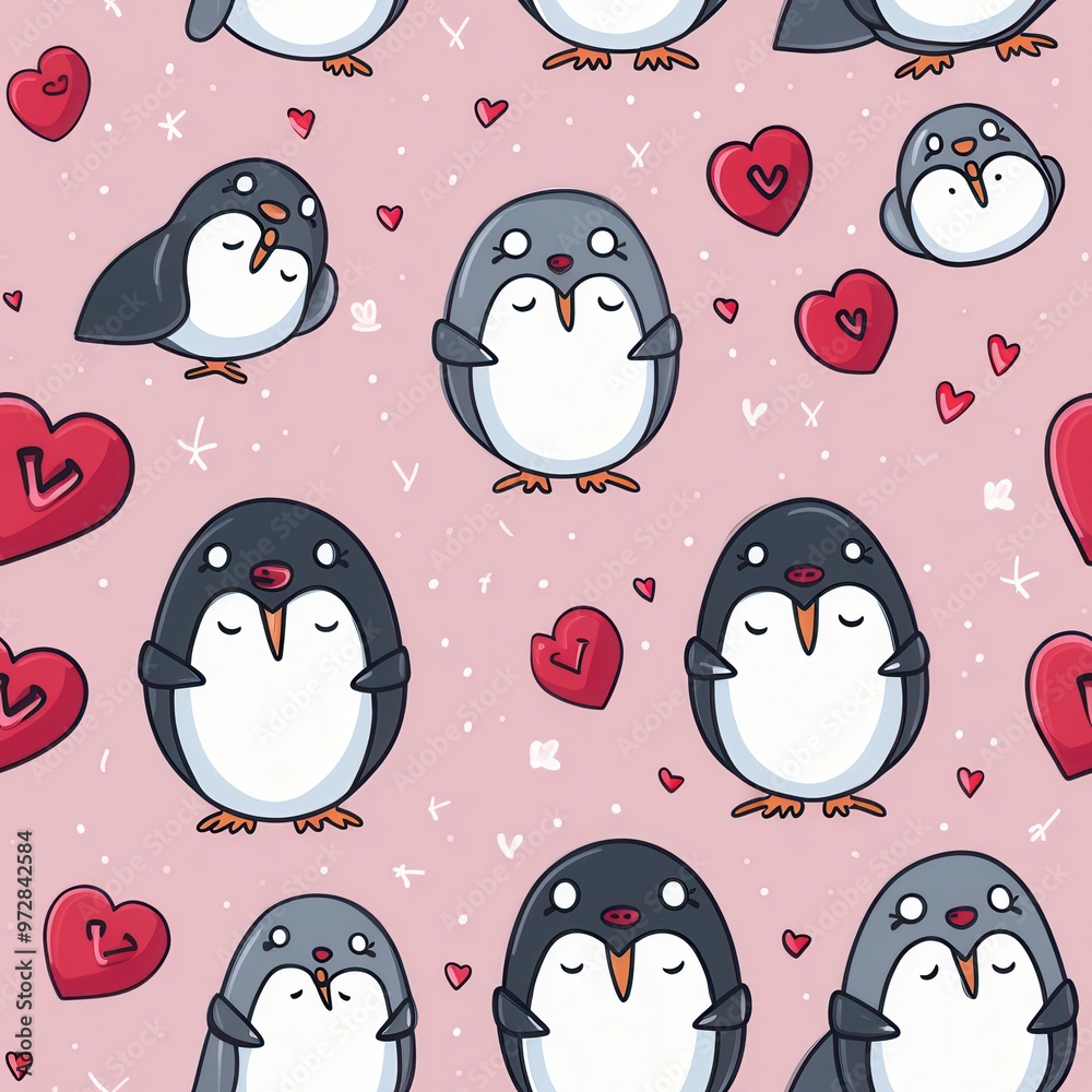 Sticker Cute Penguin Couple Valentine s Day Seamless Pattern