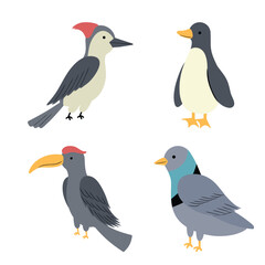 A collection of four cute birds in cartoon style.
