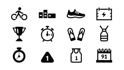 Set of 12 running icons illustrating different aspects of running.