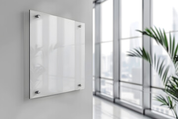 Glass Sign Plate on White Wall Mockup. Generative Ai.