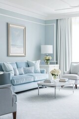 A photo of the mid-century modern interior of the living room with a sofa and art frame in the living room with the wall finished in sky blue. Generative AI
